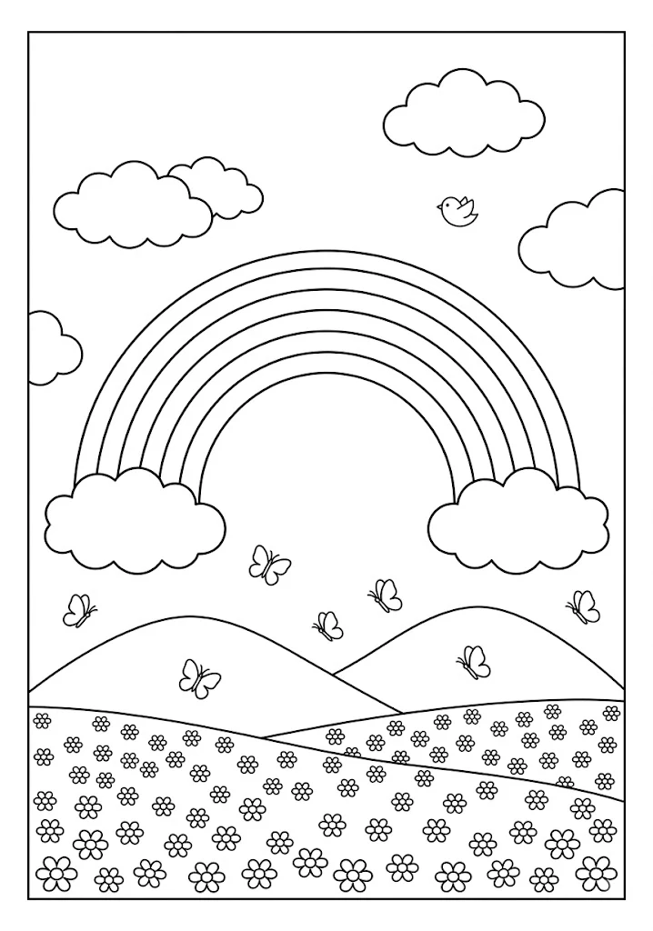 Simple outline coloring page of a rainbow spanning across clouds over a hill filled with butterflies and flowers