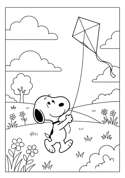 Snoopy holding the string of a diamond kite flying high in the sky Snoopy Coloring Pages