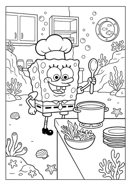 SpongeBob SquarePants wearing a chef hat holding a wooden spoon next to a cooking pot and salad bowl SpongeBob Coloring Pages