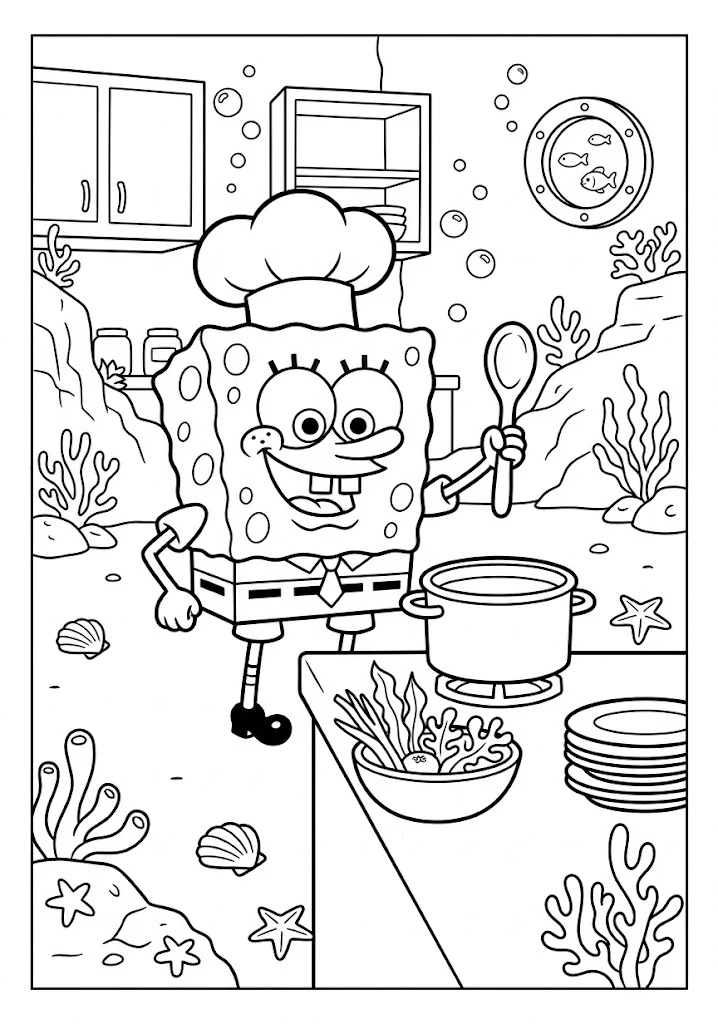 SpongeBob SquarePants wearing a chef hat holding a wooden spoon next to a cooking pot and salad bowl SpongeBob Coloring Pages