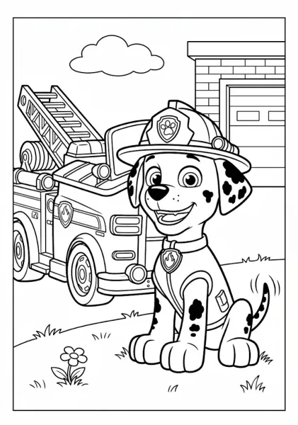Coloring page of Marshall sitting with a happy expression in front of his fire truck