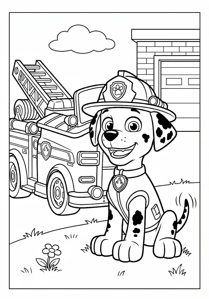 Coloring page of Marshall sitting with a happy expression in front of his fire truck