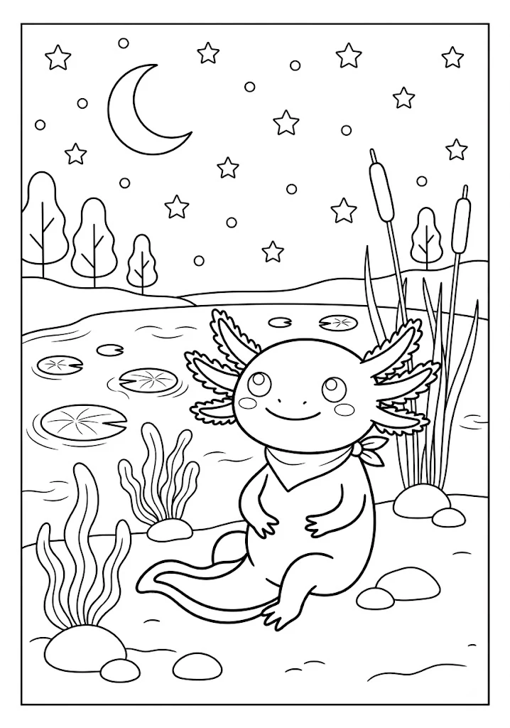 Cute axolotl sitting underwater at night under a crescent moon and starry sky Axolotl Coloring Pages