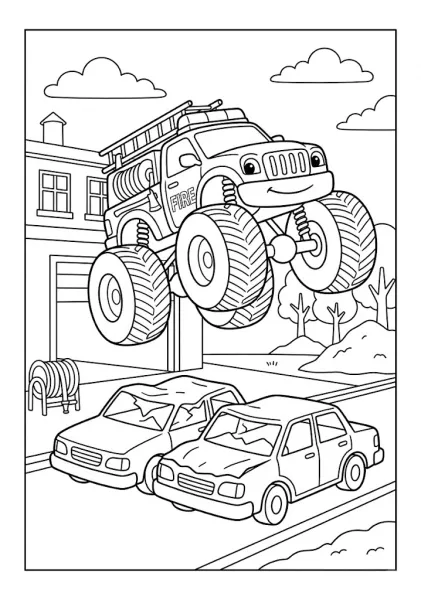 Fire truck themed monster truck leaping over crushed cars near a fire station Monster Truck Coloring Pages