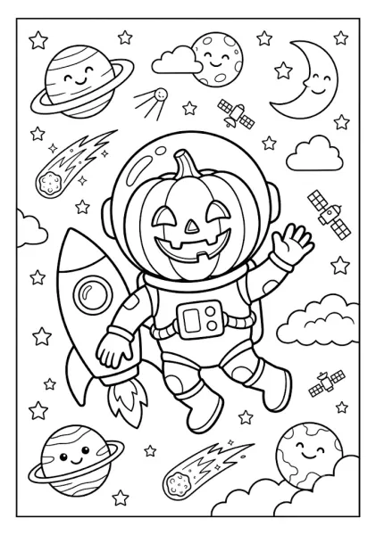 Cute pumpkin dressed as a pirate wearing an eye patch and pirate hat reading a treasure map on a beach with a treasure chest and ship Pumpkin Coloring Pages
