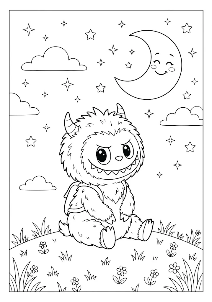 A cute monster character sitting on a grassy hill under a crescent moon in Labubu coloring pages