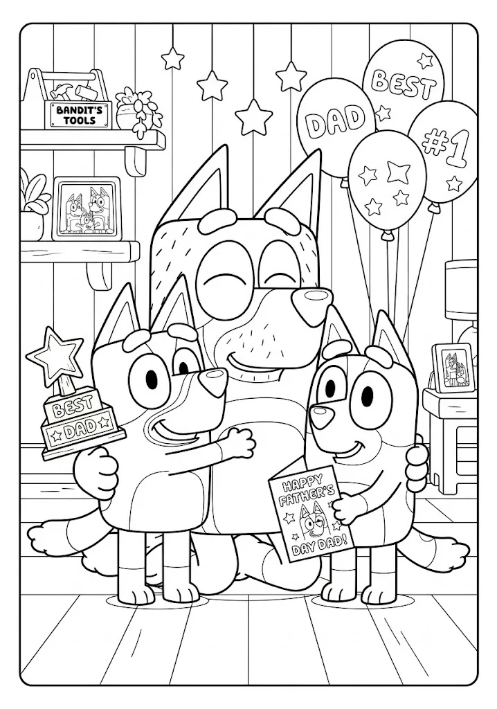 Bluey and Bingo hugging Bandit on Father's Day with a "Best Dad" trophy, card, and balloons