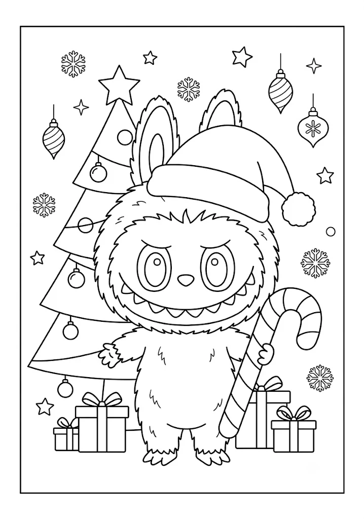 A festive monster holding a giant candy cane by a Christmas tree in holiday Labubu coloring pages
