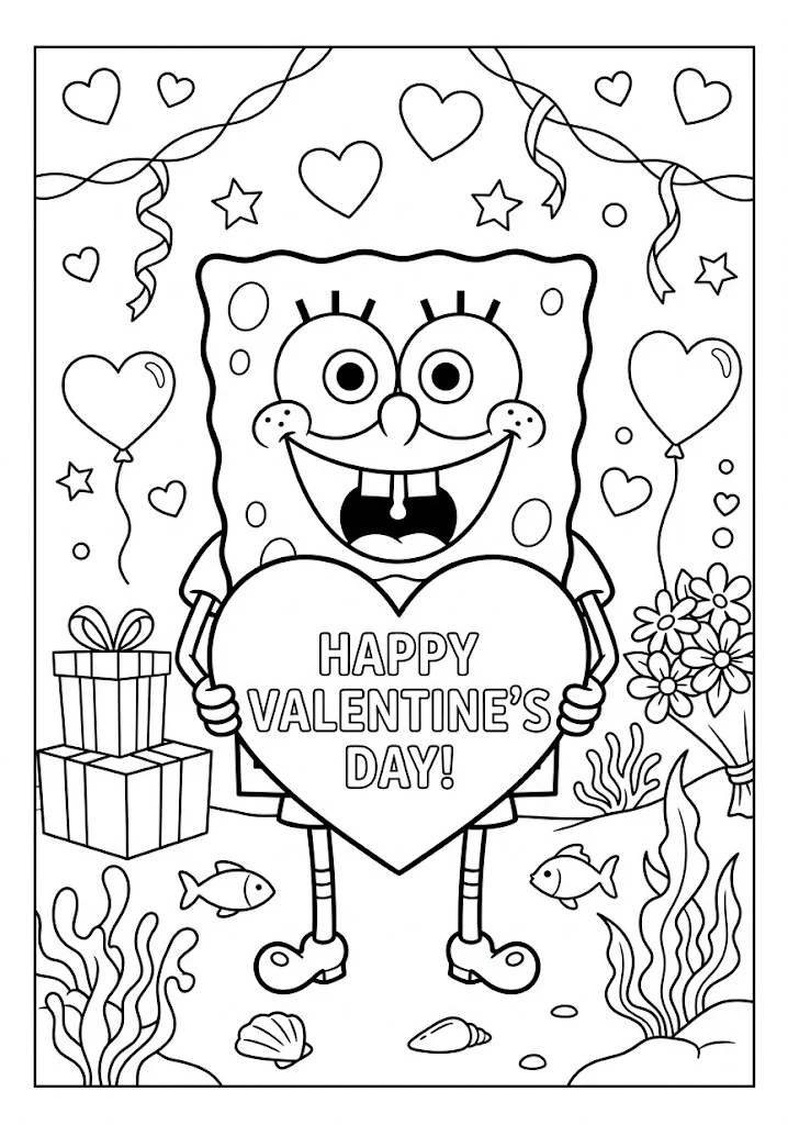 SpongeBob SquarePants holding a large Happy Valentine's Day heart sign surrounded by balloons, gifts, and flowers SpongeBob Coloring Pages