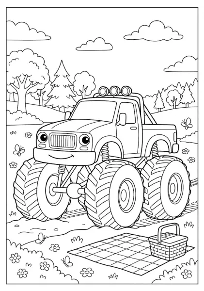 Monster truck parked near a picnic blanket and basket in a flowery park Monster Truck Coloring Pages