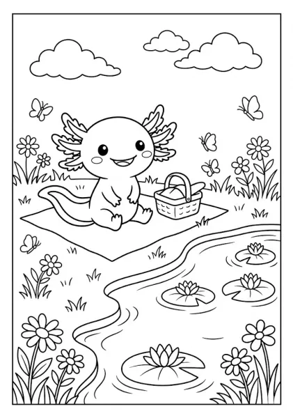 Cute axolotl having a picnic on a blanket with a basket by a flower-filled pond Axolotl Coloring Pages
