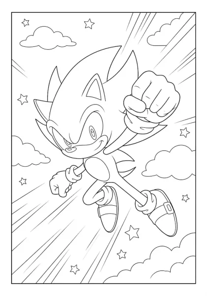 Printable Super Sonic coloring page depicting the brave hero soaring upwards through a starry sky with cool action lines