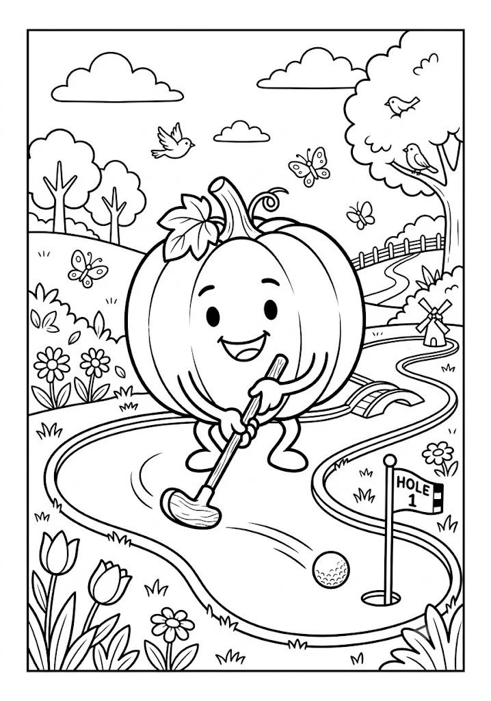 Cute pumpkin playing mini golf with a putter hitting a golf ball toward Hole 1 on a garden golf course with flowers and trees Pumpkin Coloring Pages