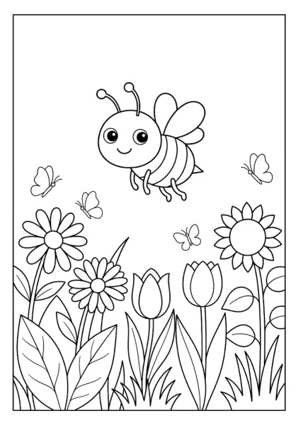A happy cute bee flying high above a blooming garden of sunflowers, tulips, and daisies with small butterflies Bee Coloring Pages