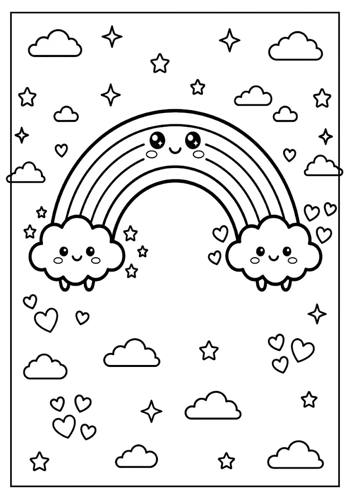 Kawaii style rainbow with cute smiling eyes and smiling clouds floating among hearts and stars coloring page