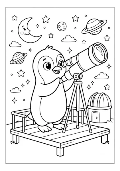 Cute penguin looking through a large telescope at night with planets stars a crescent moon and observatory in the background Penguin Coloring Pages