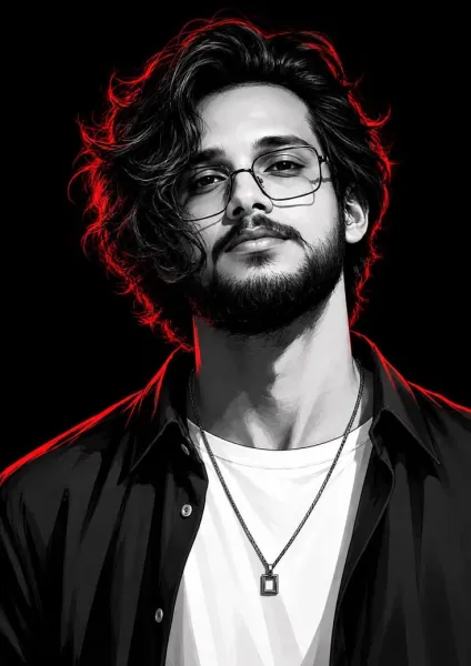 Highly Stylized Red-Rimmed Photorealistic Male Portrait with Glasses