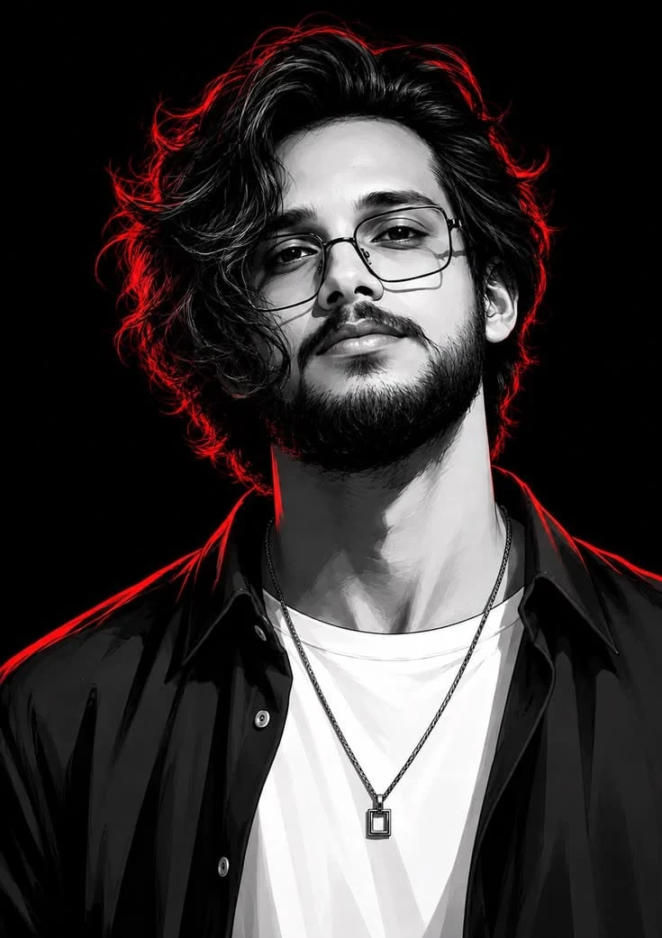 Highly Stylized Red-Rimmed Photorealistic Male Portrait with Glasses