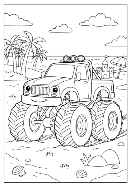 Monster truck parked on a sandy beach near a sandcastle palm trees and ocean Monster Truck Coloring Pages
