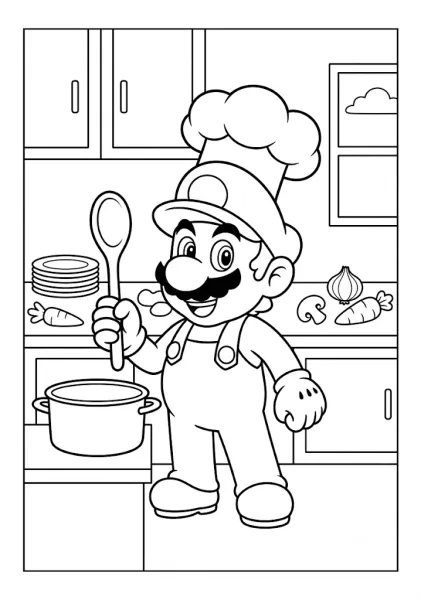Mario dressed as a chef holding a wooden spoon in a kitchen with cooking ingredients Mario Coloring Pages
