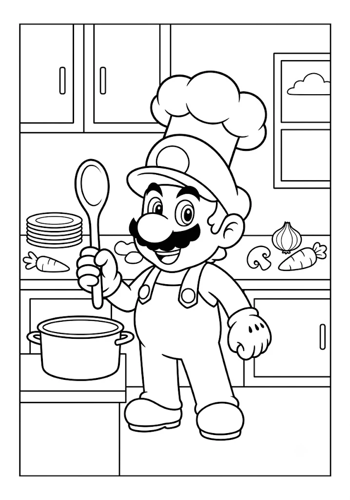 Mario dressed as a chef holding a wooden spoon in a kitchen with cooking ingredients Mario Coloring Pages