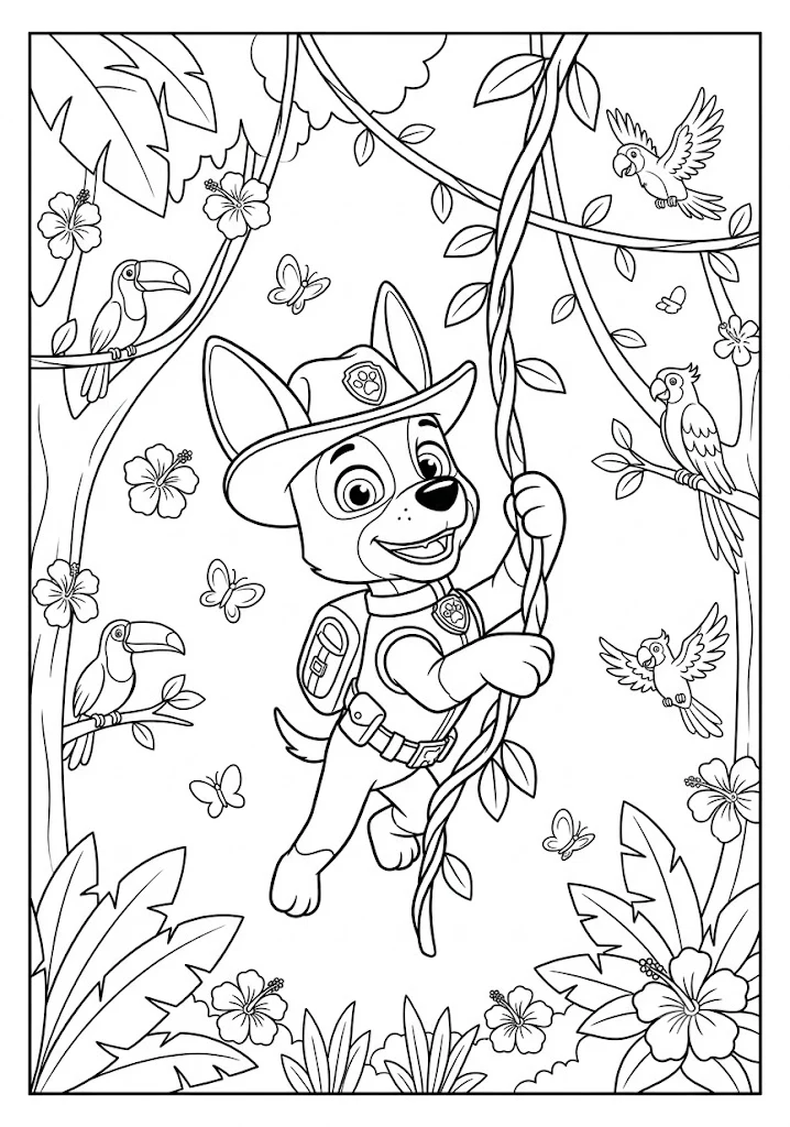 Tracker swinging on a vine through a dense jungle filled with tropical birds and flowers