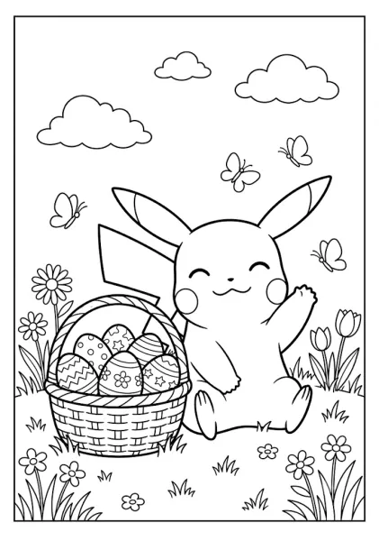 Cute Pikachu sitting next to a basket filled with decorated Easter eggs in a meadow with butterflies Pokemon Coloring Pages