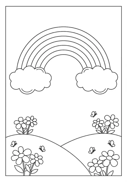 Outline coloring page of a rainbow spanning over two grassy hills with butterflies and flowers