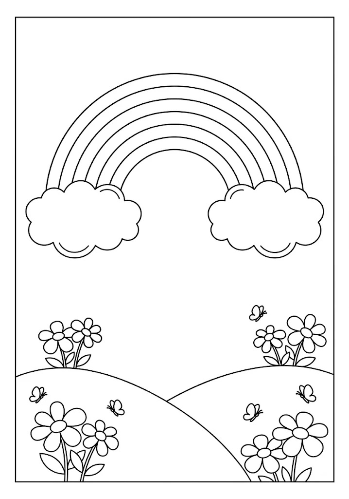 Outline coloring page of a rainbow spanning over two grassy hills with butterflies and flowers