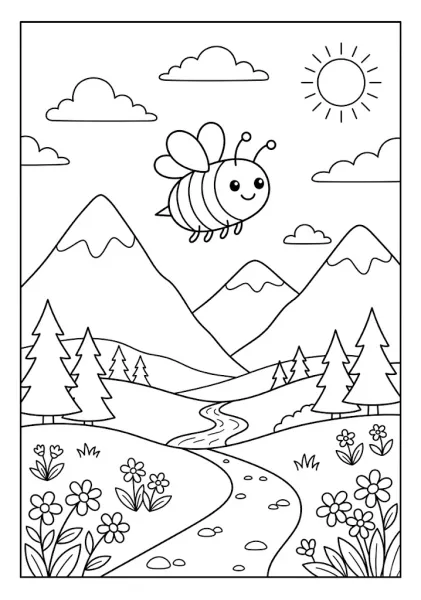 A cute happy bee flying in the sky over mountains, pine trees, flowers, and a winding river Bee Coloring Pages