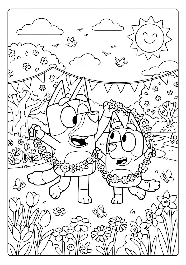 Bluey and Bingo dancing through a blooming garden wearing large flower garlands