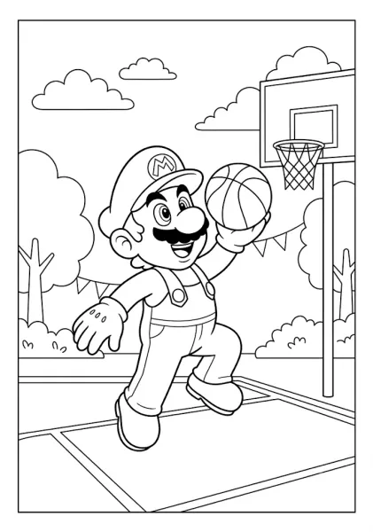 Mario jumping to score a basketball in a hoop on an outdoor court Mario Coloring Pages