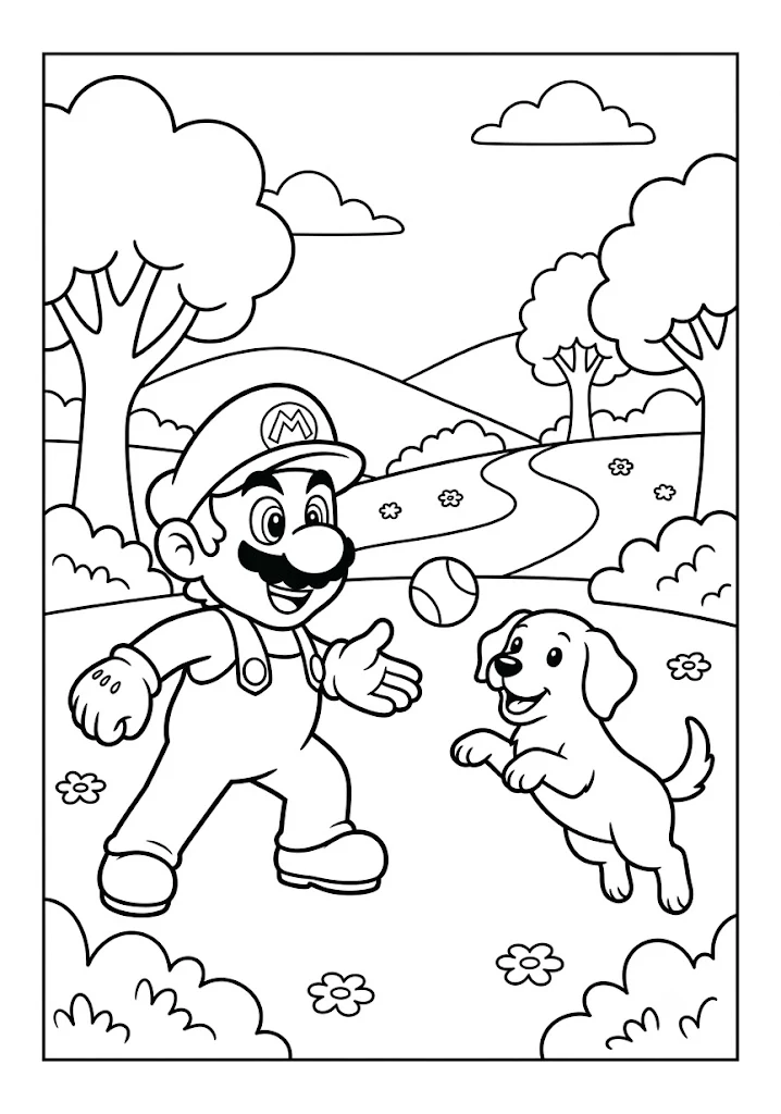 Mario playing fetch throwing a ball to a happy cute puppy in a grassy field Mario Coloring Pages