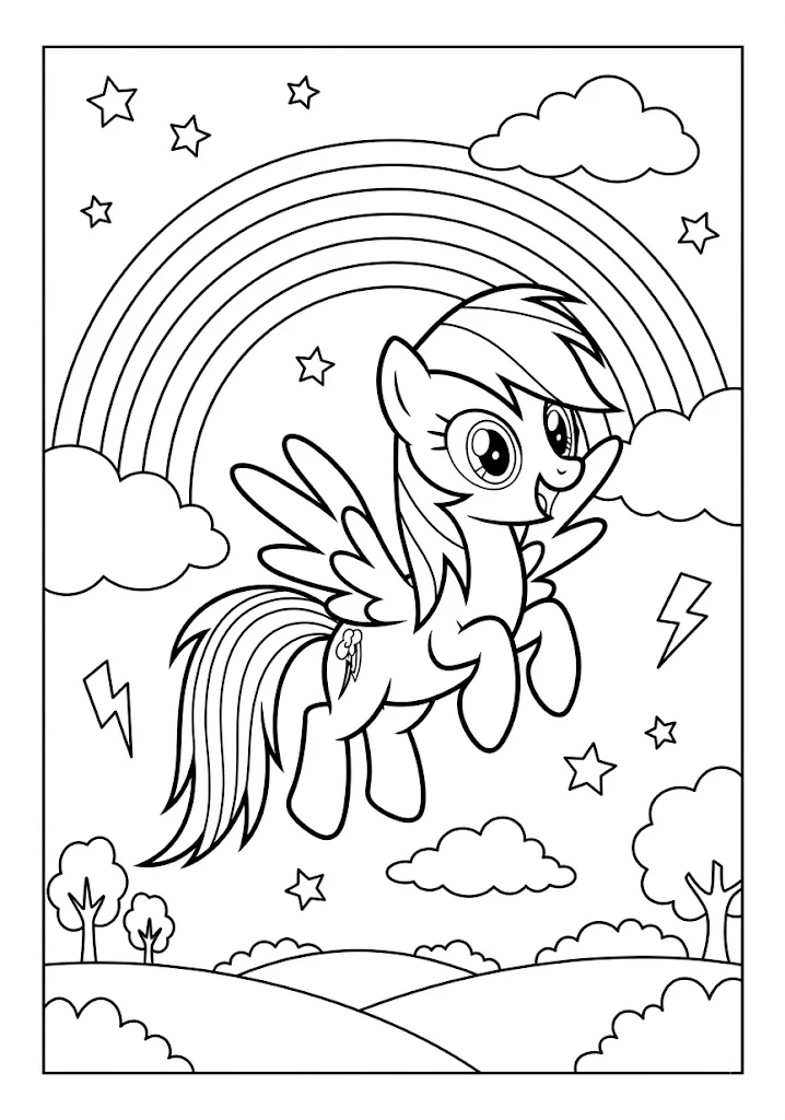 Rainbow Dash pegasus pony flying under a rainbow with stars clouds and lightning bolts coloring page