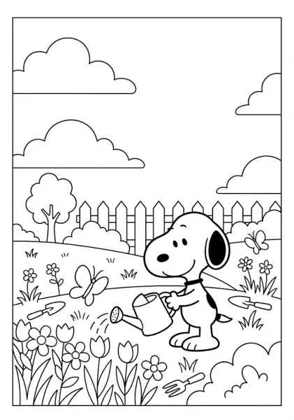 Snoopy using a watering can on tulip flowers in a garden with butterflies Snoopy Coloring Pages