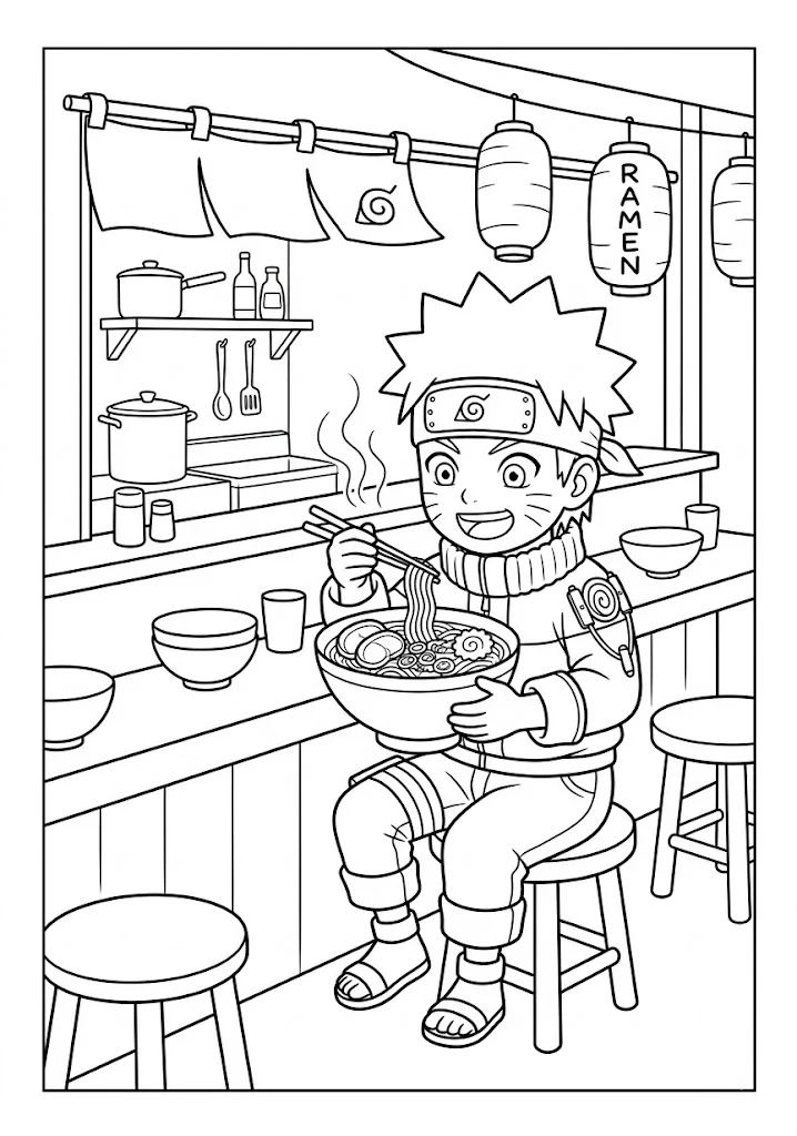 Chibi Naruto sitting on a stool eating a large bowl of ramen at a shop coloring page