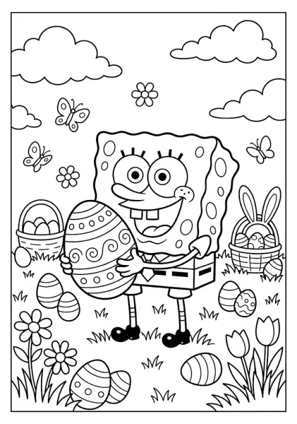 SpongeBob SquarePants holding a large patterned Easter egg in a grassy field with Easter baskets and butterflies SpongeBob Coloring Pages