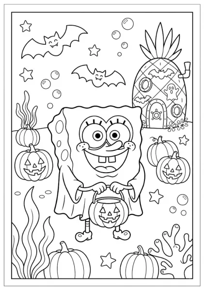 SpongeBob SquarePants dressed in a Halloween costume holding a pumpkin bucket with bats and jack-o'-lanterns SpongeBob Coloring Pages
