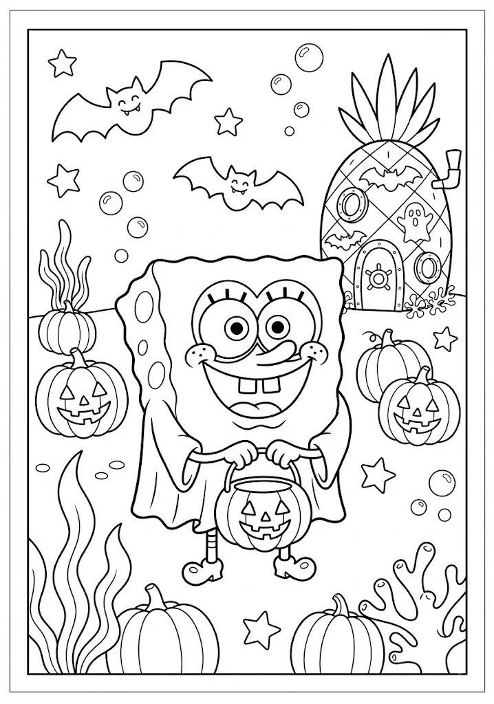 SpongeBob SquarePants dressed in a Halloween costume holding a pumpkin bucket with bats and jack-o'-lanterns SpongeBob Coloring Pages