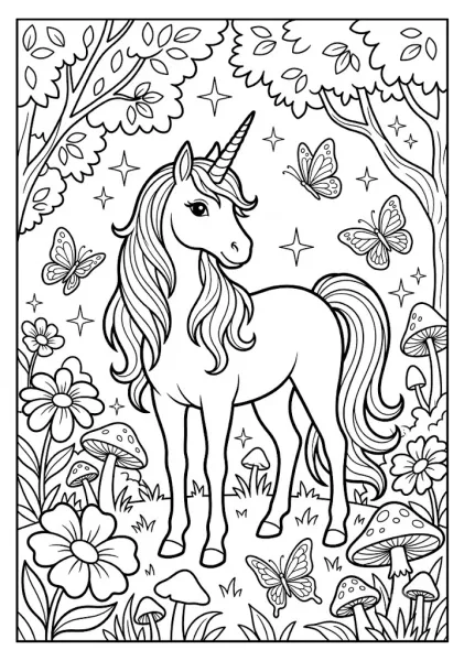 Black and white outline of a beautiful unicorn standing in a magical forest surrounded by flowers and butterflies