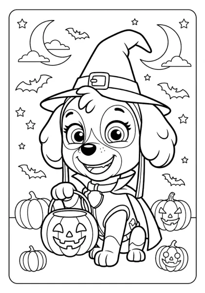 Skye dressed as a witch holding a jack o lantern treat bucket surrounded by pumpkins and bats