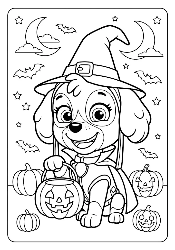 Skye dressed as a witch holding a jack o lantern treat bucket surrounded by pumpkins and bats