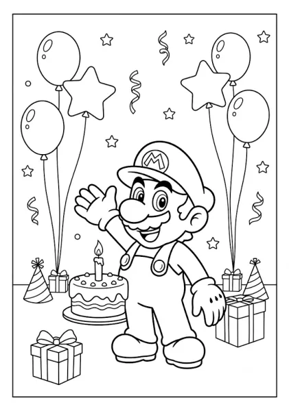 Mario celebrating a birthday with a cake balloons presents and party hats Mario Coloring Pages