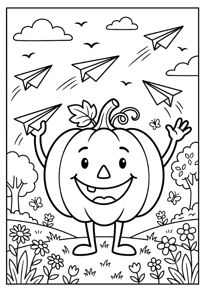 Cute pumpkin standing in a flower field with hands up throwing paper airplanes into the sky with birds and butterflies Pumpkin Coloring Pages