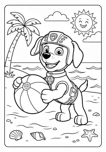 Zuma coloring page holding a beach ball on a beach with a smiling sun and palm tree Title Paw Patrol Zuma Beach Ball Coloring Fun