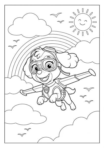 Skye soaring high in the sky with her wings open surrounded by clouds and a rainbow