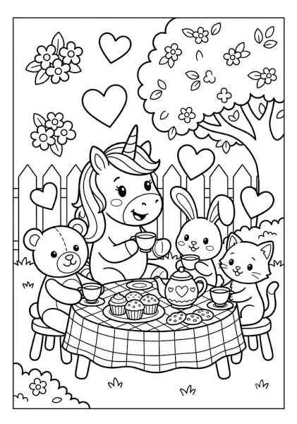 A cute unicorn having a tea party with a teddy bear, bunny, and kitten in a garden with hearts