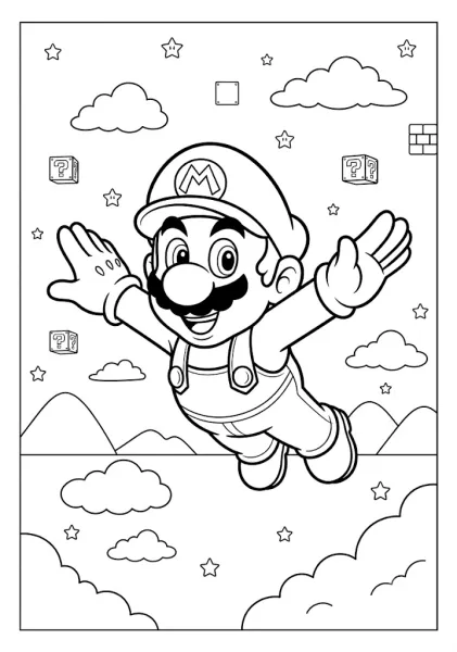 Mario flying through the air among stars question blocks and clouds Mario Coloring Pages