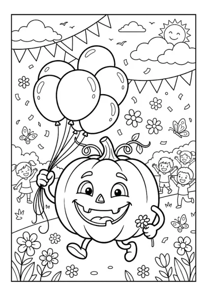 Cute pumpkin holding a large bunch of balloons marching in a festive parade with happy children, flowers, and confetti Pumpkin Coloring Pages