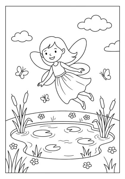 A cute fairy soaring through the air over a pond with lily pads, cattails, and floating butterflies Fairy Coloring Pages